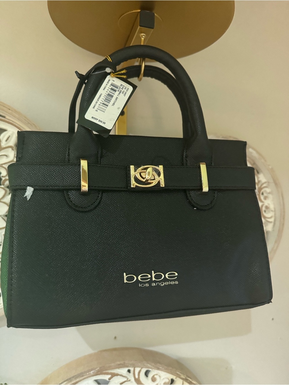 bebe Black Structured Saffiano Satchel with Gold Accents
